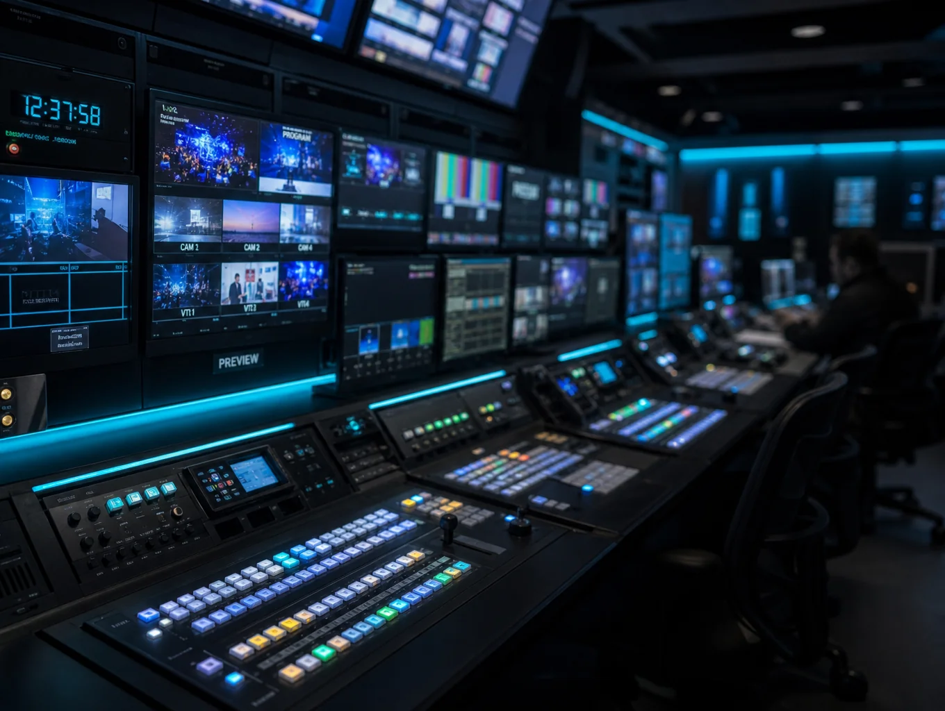 Intricate desktop multi-camera switching software interface with audio faders and program and preview buses