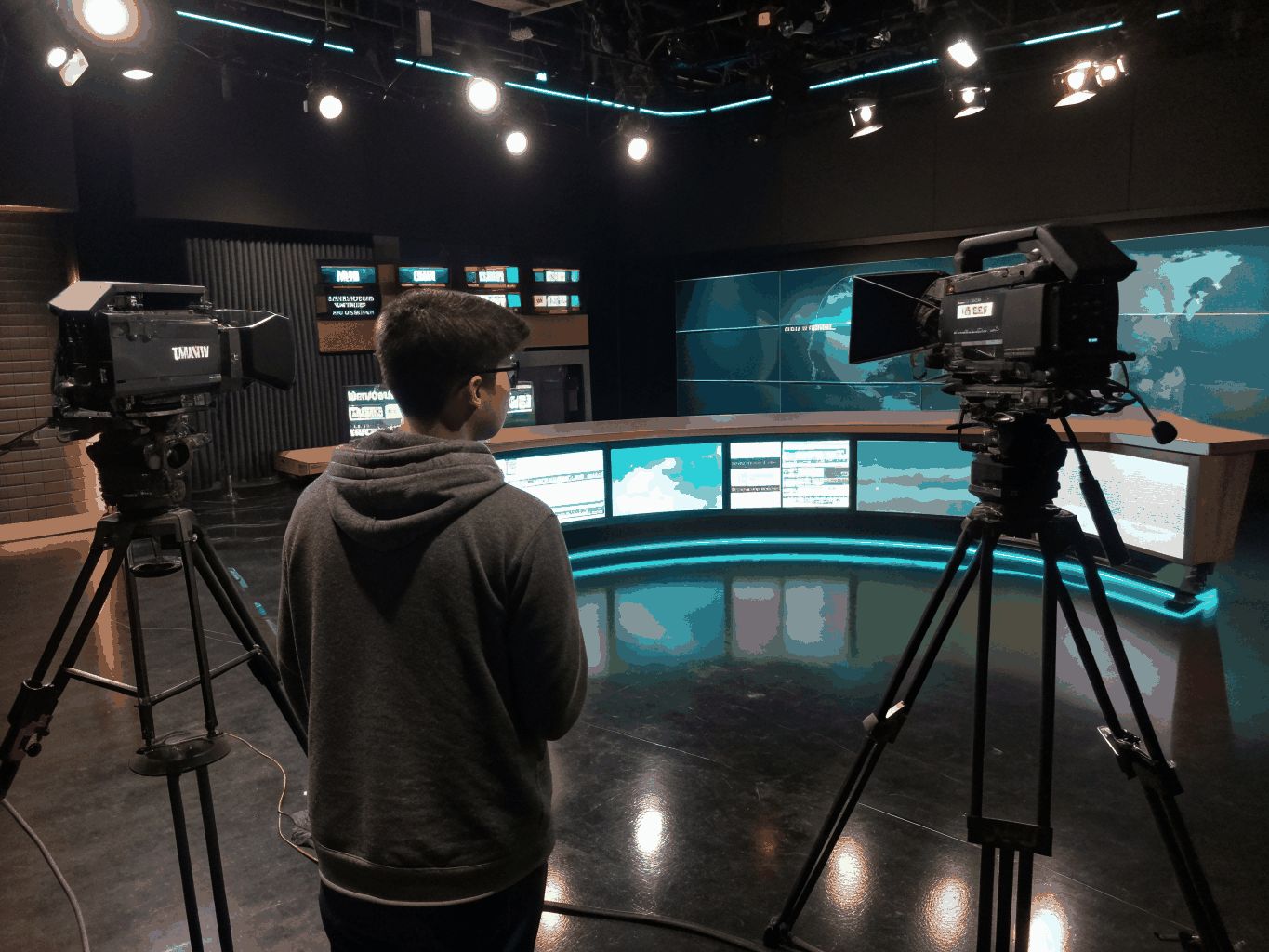Production director operating inside a VR headset workspace surrounded by floating virtual video monitors