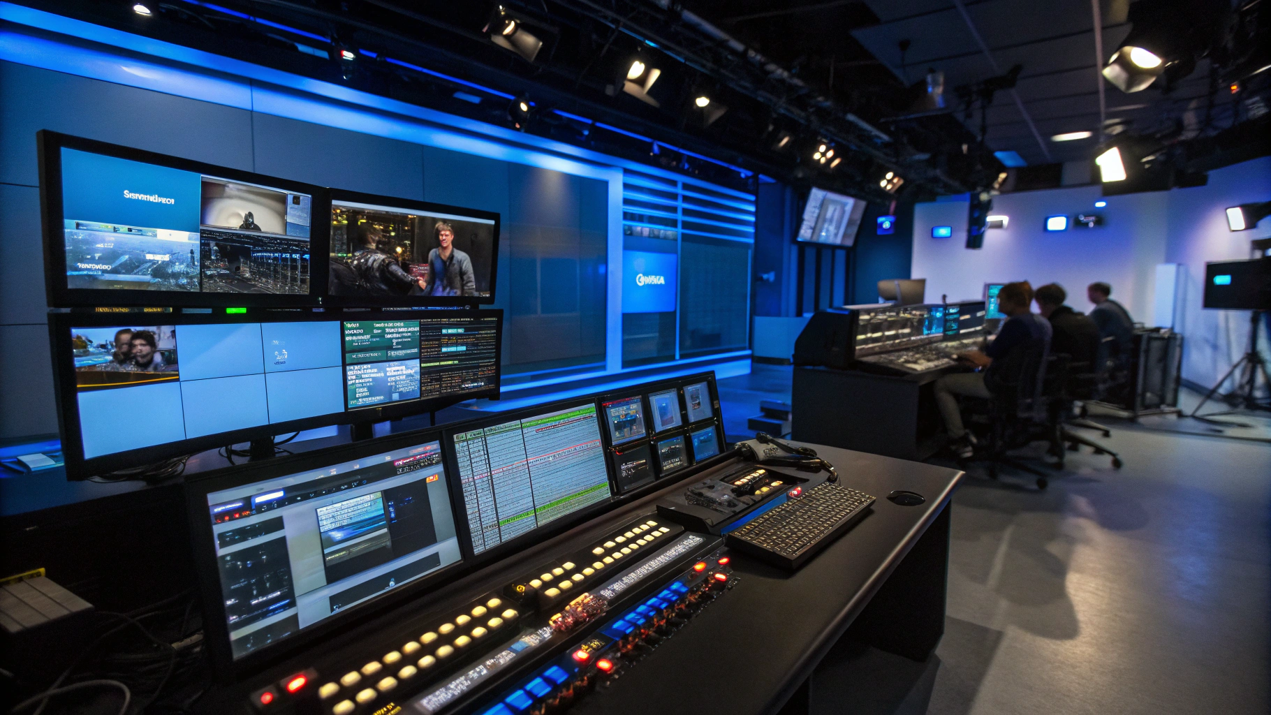 Director mixing 8 live smartphone video feeds inside a dark master control room