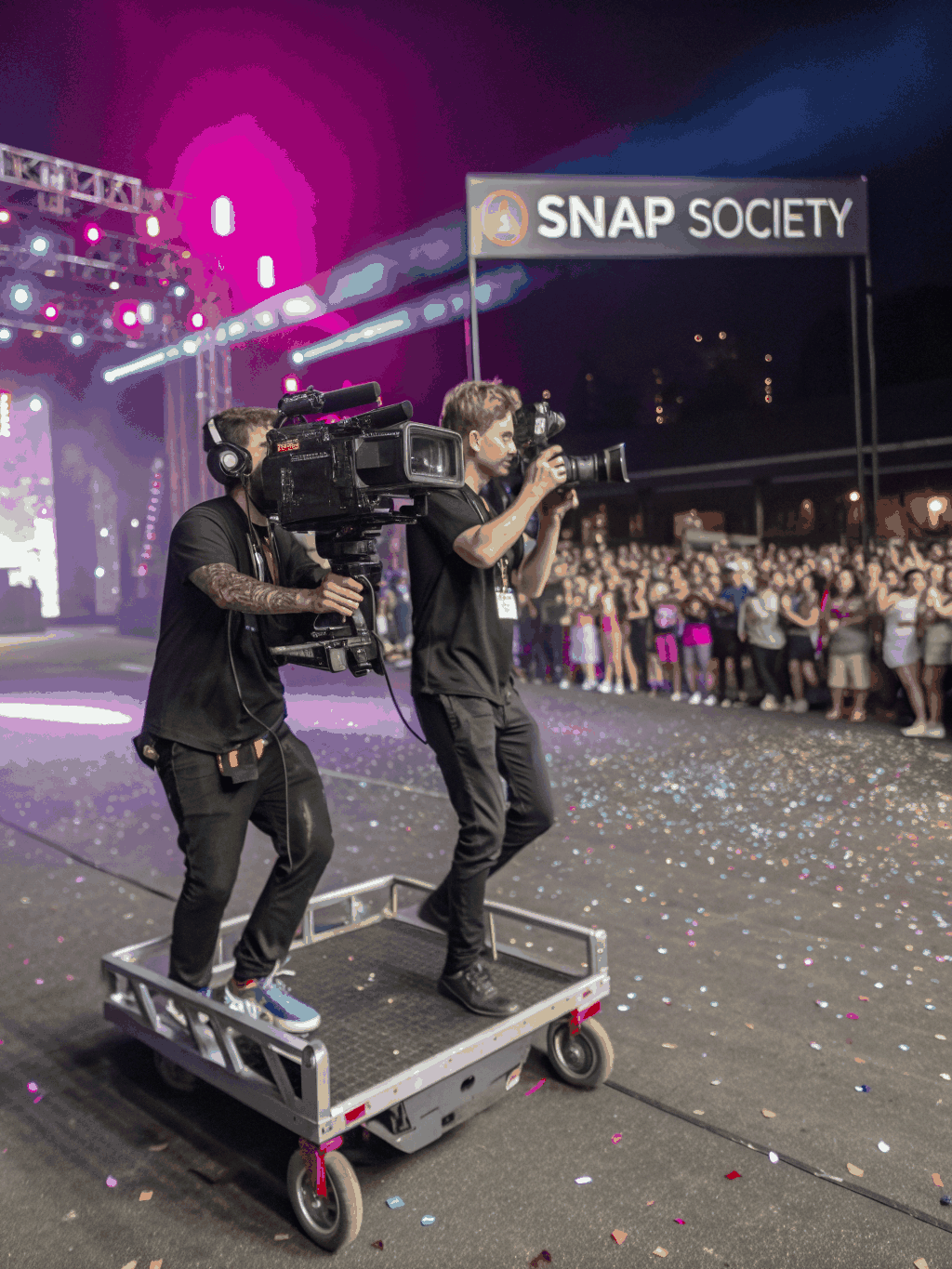 Two-person production crew operating smartphone rigs at an esports event